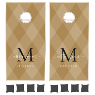 Gold Argyle Black Monogram Newlywed Cornhole Set
