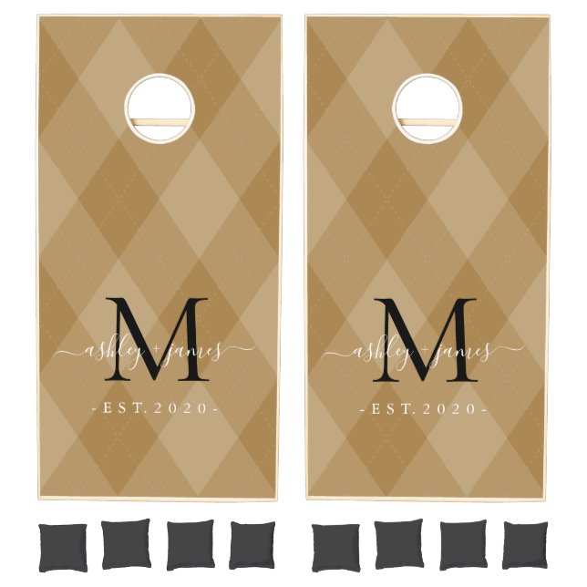 Gold Argyle Black Monogram Newlywed Cornhole Set (Set)
