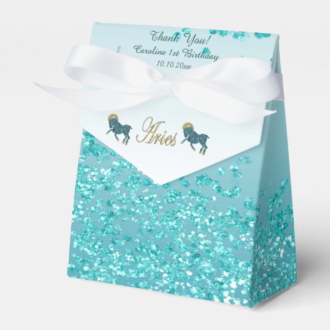 Gold Aries & Teal Blue Glitter Birthday Favor Boxes (Front Side)