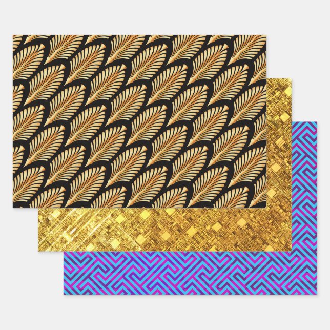 Gold Arrows and Sky Blue Meander Sampler Wrapping Paper Sheets (Set)