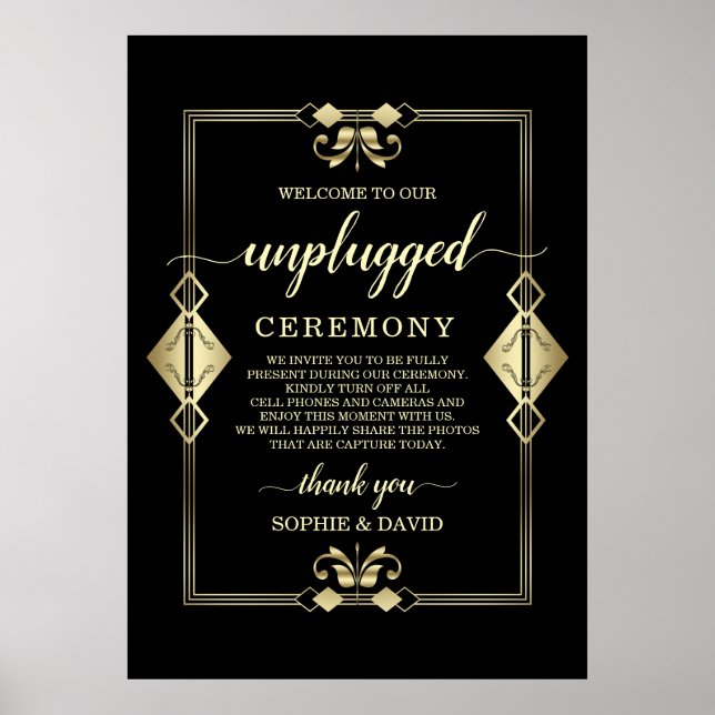 Gold Art Deco 20s Unplugged Wedding Ceremony Sign (Front)