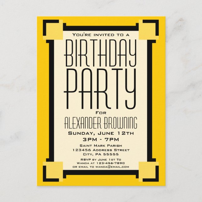 Gold Art Deco Birthday Party Invitation Postcard (Front)
