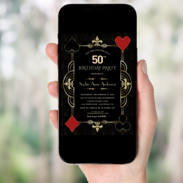 Gold Art Deco Casino Las Vegas Woman 50th Birthday Invitation (Front Digital)