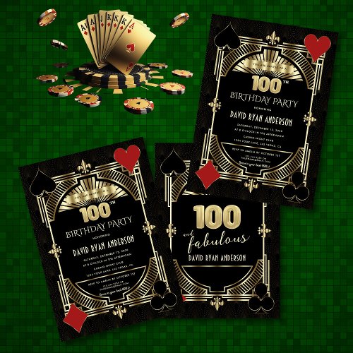 Gold Art Deco Casino Poker Man 100th Birthday  Invitation