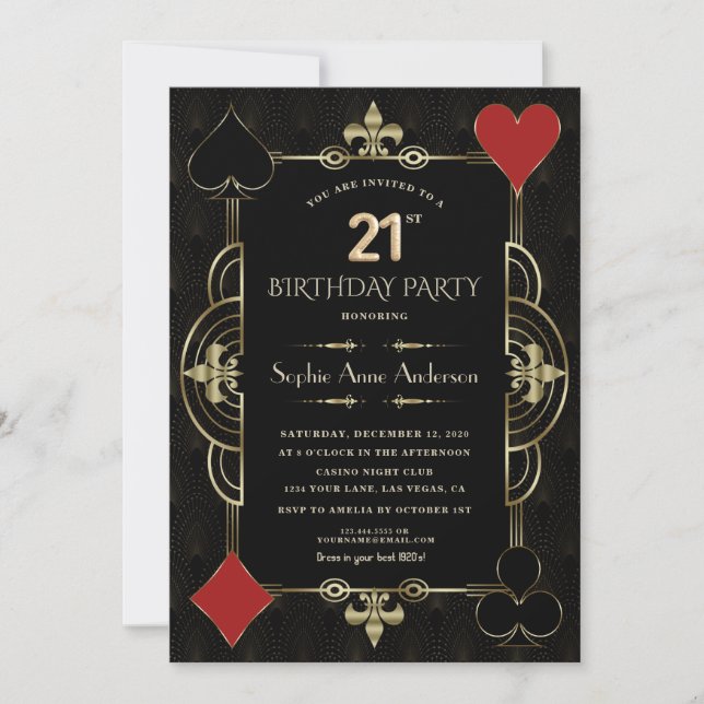 Gold Art Deco Casino Vegas Woman 21st Birthday Invitation (Front)