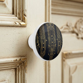 Gold Art Deco Celestial Stars Moons Pattern Ceramic Knob