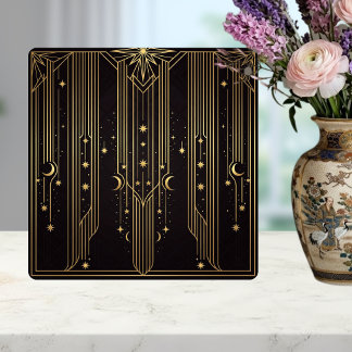 Gold Art Deco Celestial Stars Moons Pattern Ceramic Tile