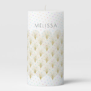 Gold Art-Deco & Colorful Dots Pattern Pillar Candle