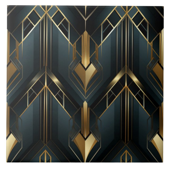 Gold Art Deco, Dark Cyan Ceramic Tile (Front)