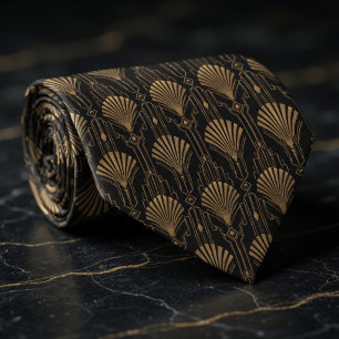 Gold Art Deco Fan and Skyscraper Geometric Neck Tie