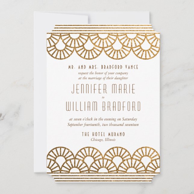 Gold Art Deco Fan Wedding Invitation in White (Front)