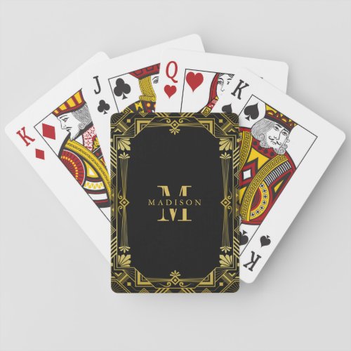 Gold Art Deco Frame On Black Monogram Poker Cards