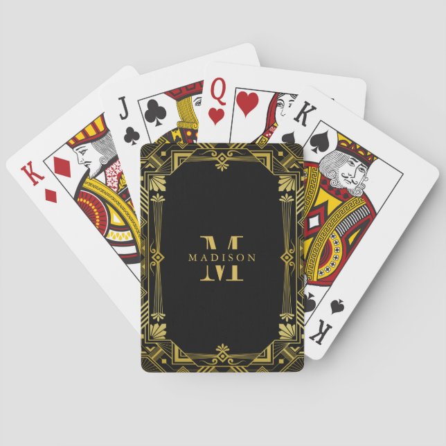 Gold Art Deco Frame On Black Monogram Poker Cards (Back)