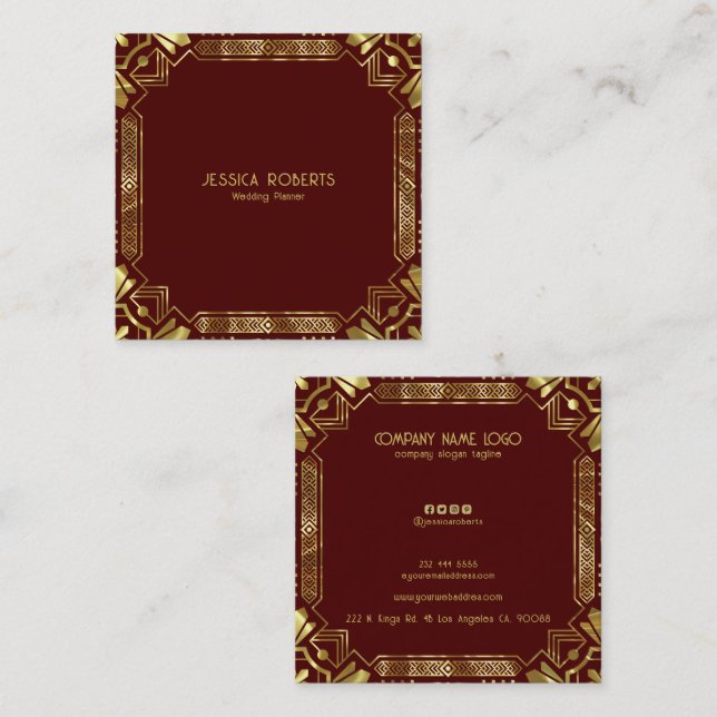 Gold Art Deco Frame On Dark Red  Square Business Card (Front/Back)