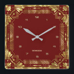 Gold Art Deco Frame On Dark Red Square Wall Clock<br><div class="desc">Gold tones Art Deco frame,  geometric style over a dark red background. Customizable monogram.</div>