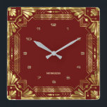 Gold Art Deco Frame On Dark Red Square Wall Clock<br><div class="desc">Gold tones Art Deco frame,  geometric style over a dark red background. Customizable monogram.</div>