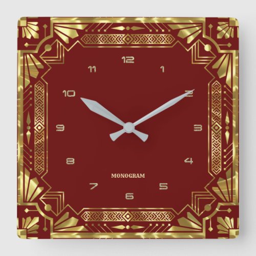 Gold Art Deco Frame On Dark Red Square Wall Clock