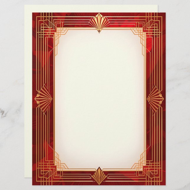 Gold Art Deco Frame on Red Background Stationery (Front/Back)