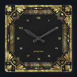 Gold Art Deco Frame Square Wall Clock<br><div class="desc">Gold tones Art Deco frame,  geometric style over a black background. Customizable monogram.</div>