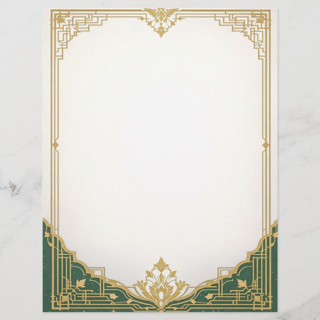 Gold Art Deco Frame with Green Border Stationery (Front)