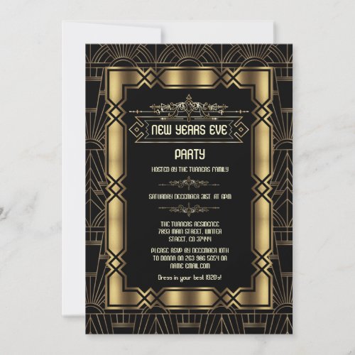 Gold Art Deco Gatsby 1920s New Years Eve Party Invitation