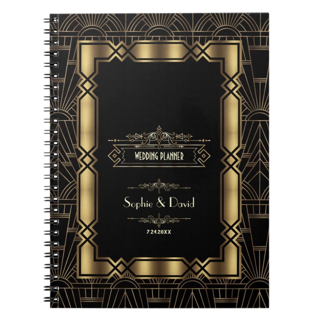 Gold Art Deco Gatsby 1920s Style Wedding Planner Notebook (Front)