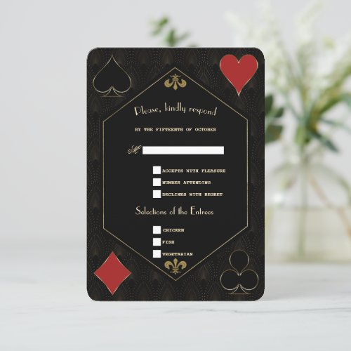 Gold Art Deco Gatsby Casino Vegas Poker Wedding  RSVP Card