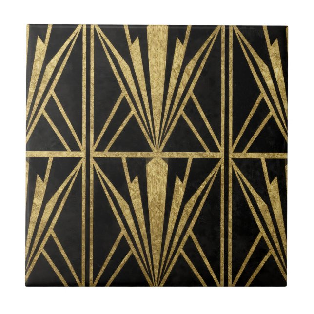Gold Art Deco Geometric Fan Pattern Black Ceramic Tile (Front)