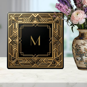 Gold Art Deco Monogram Black Personalized Luxury Ceramic Tile