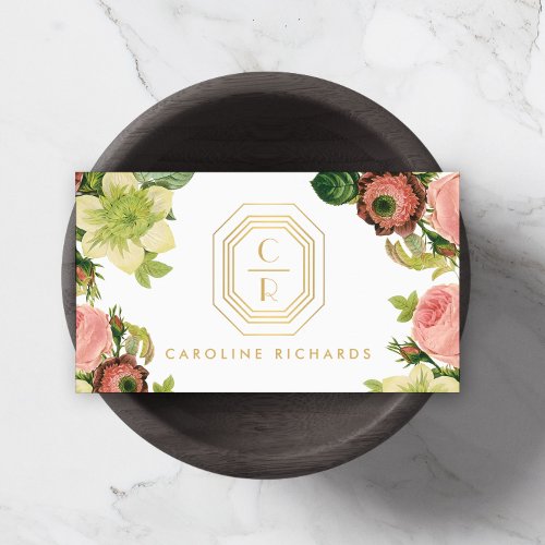 Gold Art Deco Monogram with Vintage Florals Business Card