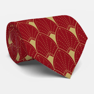 Gold Art Deco Pattern & Deep Red Background Neck Tie