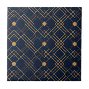 Gold art deco pattern on dark blue background ceramic tile
