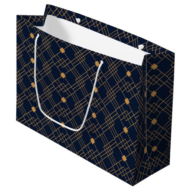 Gold art deco pattern on dark blue background  large gift bag (Front Angled)