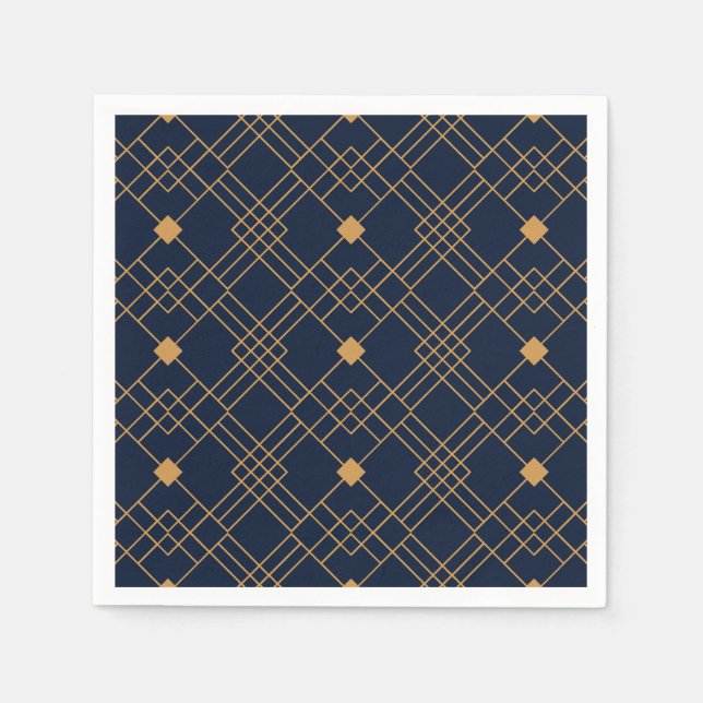 Gold art deco pattern on dark blue background napkins (Front)