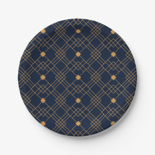 Gold art deco pattern on dark blue background paper plates