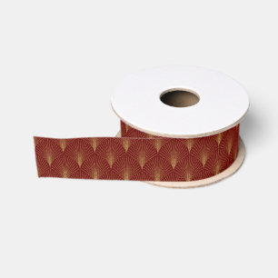 Gold art-deco pattern on red background grosgrain ribbon