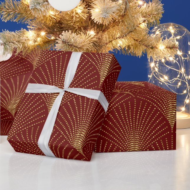 Gold art-deco pattern on red background wrapping paper (Holidays)