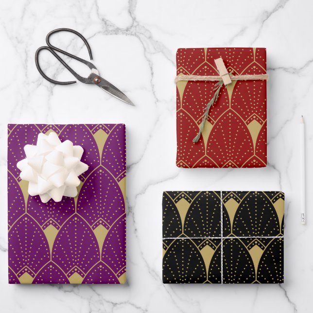 Gold Art Deco Pattern on Red Black and Purple Wrapping Paper Sheets (Front)