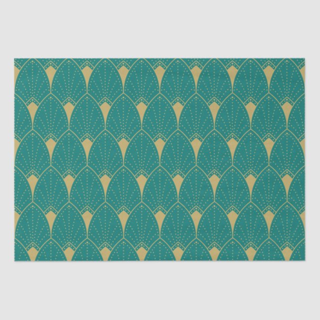 Gold Art Deco Pattern on Turquoise Background Tissue Paper (Front)