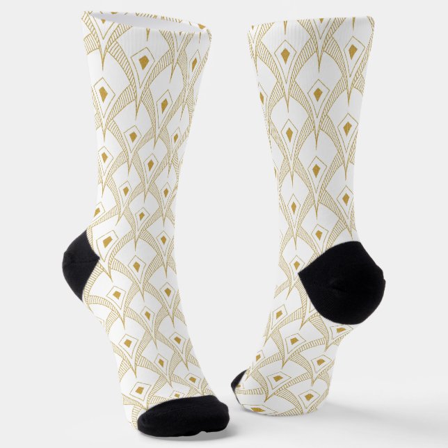 Gold Art Deco pattern on white background Socks (Angled)