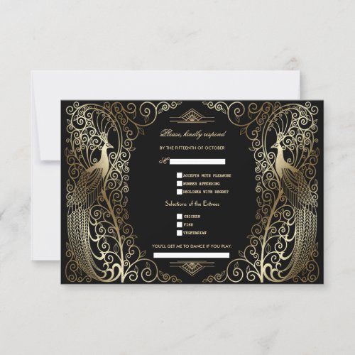 Gold Art Deco Peacocks Song Request Wedding RSVP Card