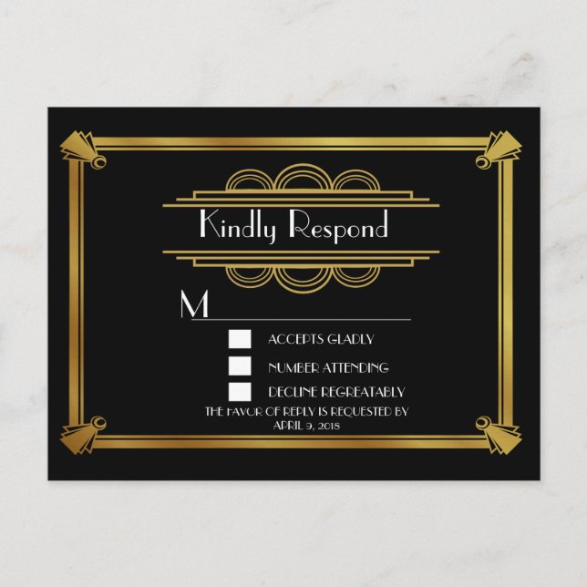 Gold Art Deco RSVP PostCard (Front)