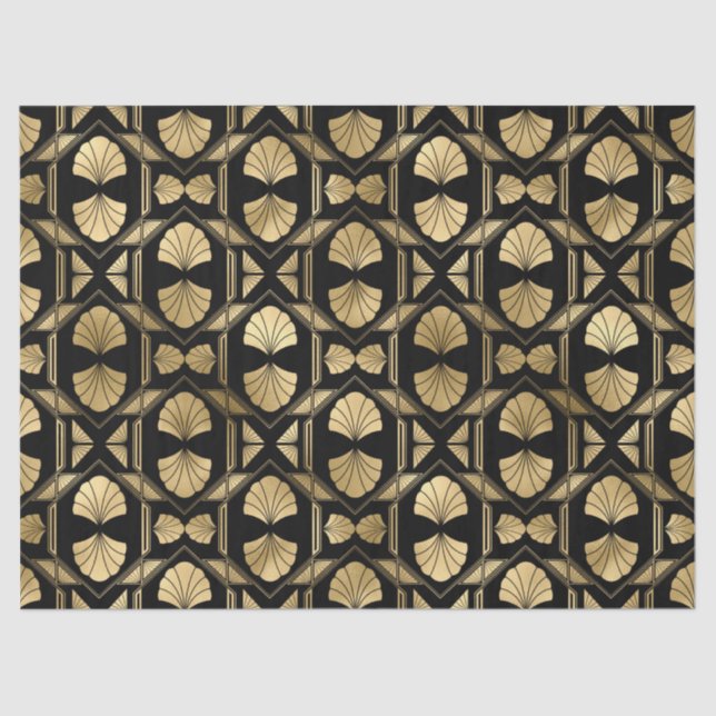 Gold Art Deco Shells on Black Decoupage Tissue Paper (Front)