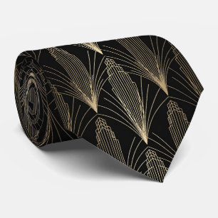 Gold Art Deco Skyscraper and Linear Sunburst  Neck Tie