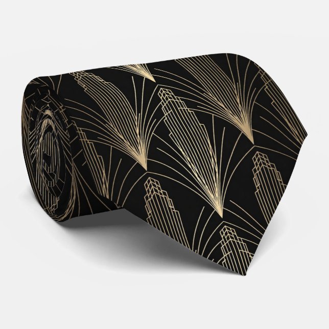 Gold Art Deco Skyscraper and Linear Sunburst  Neck Tie (Rolled)