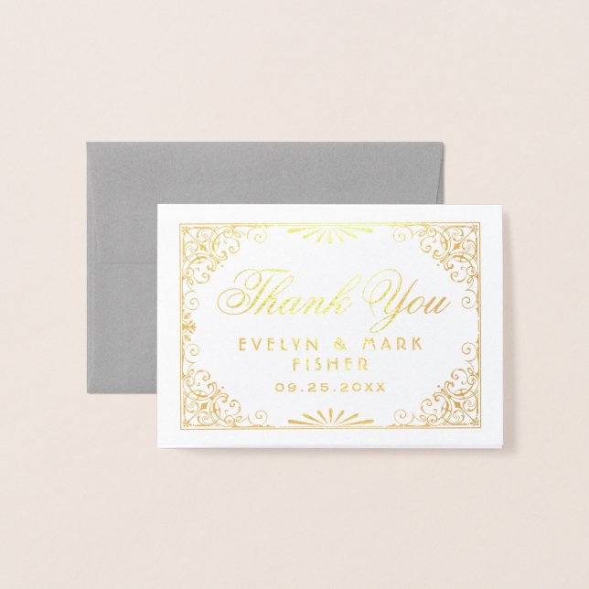 Gold Art Deco Thank You Monogram Wedding Foil Card (Front With Envelope)