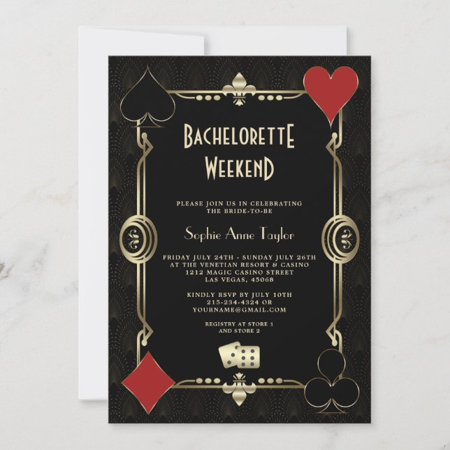 Gold Art Deco Vegas Casino Bachelorette Weekend Invitation (Front)