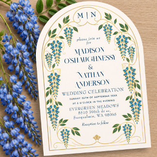 Gold Art Nouveau Blue Wisteria Wedding Arch Invitation