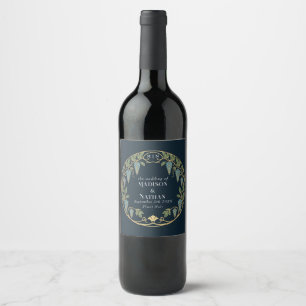 Gold Art Nouveau Blue Wisteria Wedding Wine Label