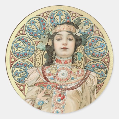 Gold Art Nouveau Mucha Sarah Bernhardt Champagne Classic Round Sticker ...